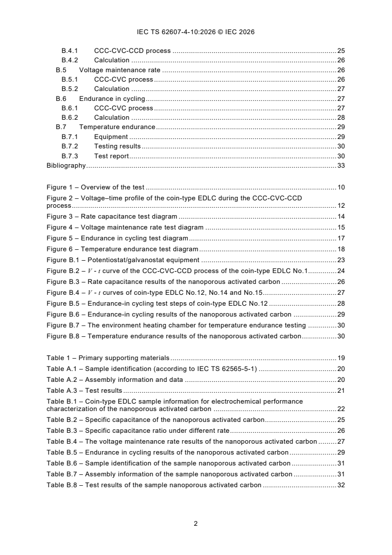 IEC TS 62607-4-10:2026 IEC TS 62607-4-10:2026 - Nanomanufacturing - Key control characteristics - Part 4-10: Nano-enabled energy storage - Electrochemical characteristics of carbon nanomaterial for the electrodes of electric double-layer capacitors: coin cell method - Page 4 preview