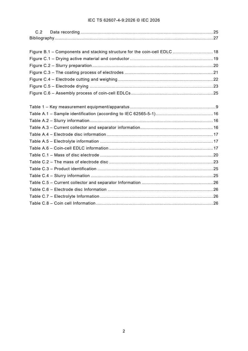IEC TS 62607-4-9:2026 IEC TS 62607-4-9:2026 - Nanomanufacturing - Key control characteristics - Part 4-9: Nano-enabled energy storage - Electrochemical characteristics of carbon nanomaterial for the electrodes of electric double-layer capacitors: Coin cell preparation - Page 4 preview