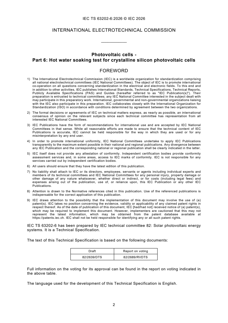 IEC TS 63202-6:2026 IEC TS 63202-6:2026 - Photovoltaic cells - Part 6: Hot water soaking test for crystalline silicon photovoltaic cells - Page 4 preview