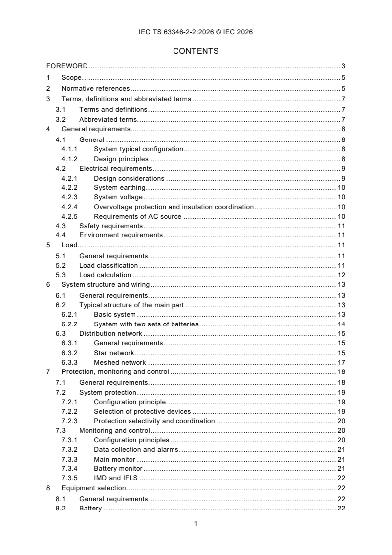 IEC TS 63346-2-2:2026 IEC TS 63346-2-2:2026 - Low-voltage auxiliary power systems - Part 2-2: Design criteria - Low-voltage DC auxiliary power systems for substations - Page 3 preview