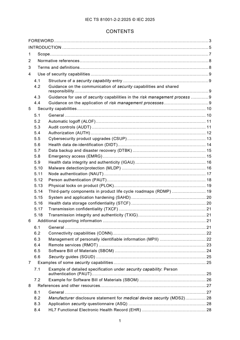IEC TS 81001-2-2:2025 IEC TS 81001-2-2:2025 - Health software and health IT systems safety, effectiveness and security - Part 2-2: Coordination - Guidance for the implementation, disclosure and communication of security needs, risks and controls - Page 3 preview