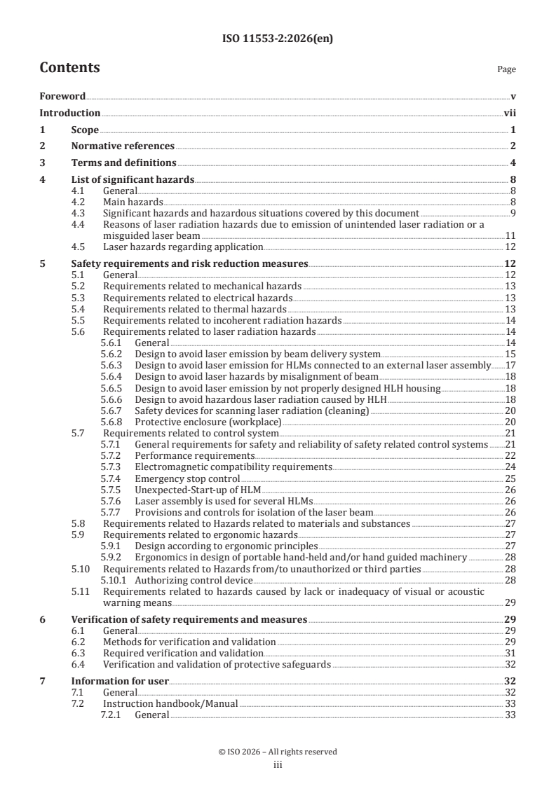 ISO 11553-2:2026 ISO 11553-2:2026 - Safety of machinery - Laser processing machines - Part 2: Safety requirements for hand-held or hand-operated laser processing machines - Page 3 preview
