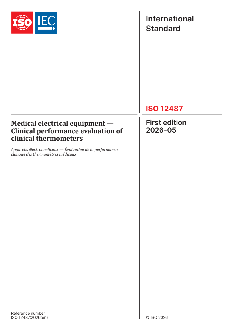 ISO 12487:2026 ISO 12487:2026 - Medical electrical equipment - Clinical performance evaluation of clinical thermometers - Page 1 preview