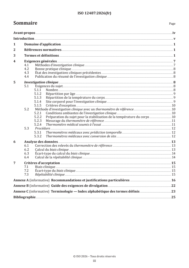ISO 12487:2026 iso12487{ed1.0}fr - Appareils électromédicaux - Évaluation de la performance clinique des thermomètres médicaux - Page 3 preview