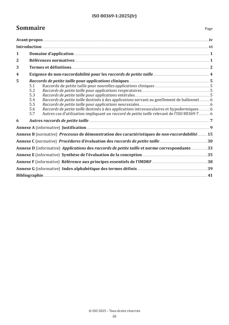 ISO 80369-1:2025 ISO 80369-1:2025 - Raccords de petite taille pour liquides et gaz utilisés dans le domaine de la santé - Partie 1: Exigences générales - Page 3 preview