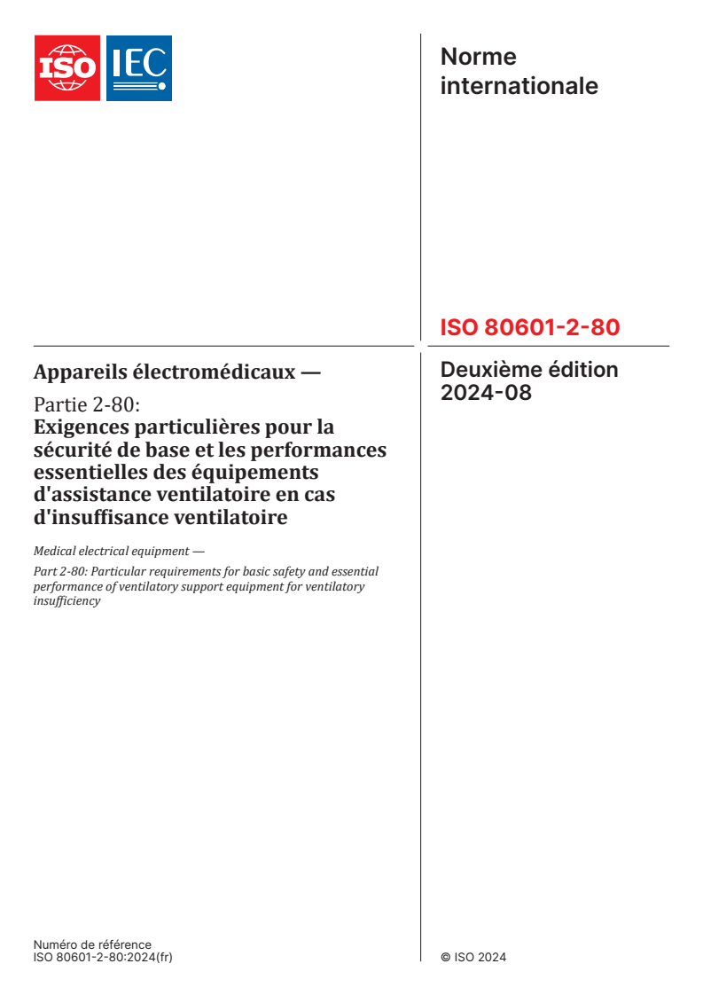ISO 80601-2-80:2024 ISO 80601-2-80:2024 - Appareils électromédicaux - Partie 2-80: Exigences particulieres pour la sécurité de base et les performances essentielles des équipements d'assistance ventilatoire en cas d'insuffisance ventilatoire
Released:8/28/2024 - Page 1 preview