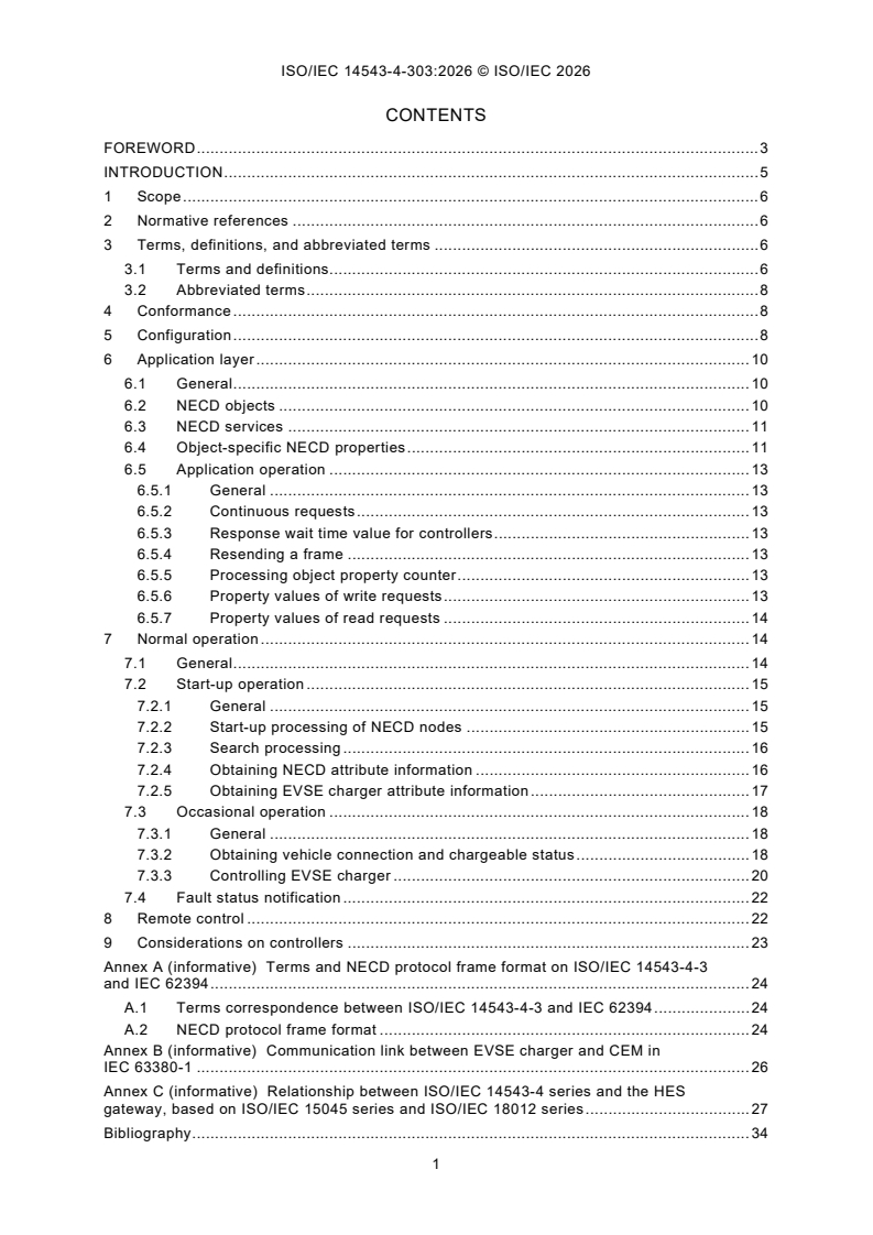 ISO/IEC 14543-4-303:2026 ISO/IEC 14543-4-303:2026 - Information technology - Home Electronic System (HES) architecture - Part 4-303: Application protocol for electric vehicle supply equipment (EVSE) chargers and controllers - Page 3 preview
