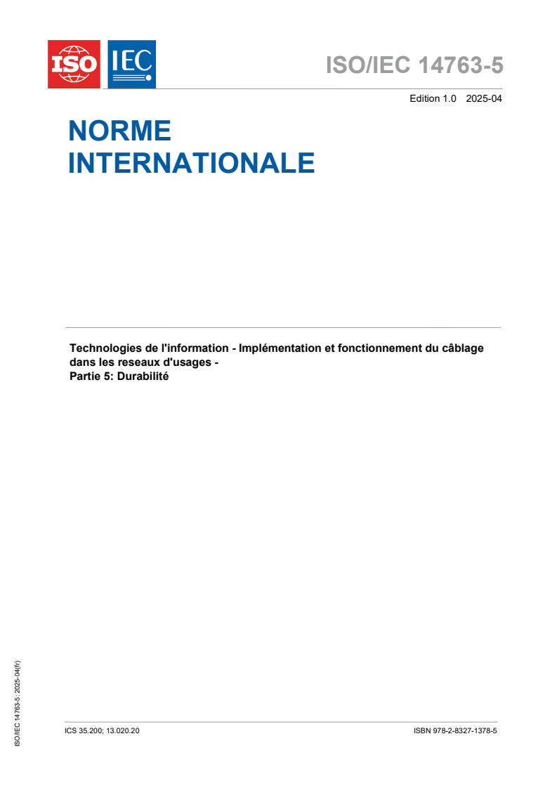 ISO/IEC 14763-5:2025 ISO/IEC 14763-5:2025 - Technologies de l'information - Implémentation et fonctionnement du câblage dans les réseaux d'usagers - Partie 5: Durabilité - Page 1 preview