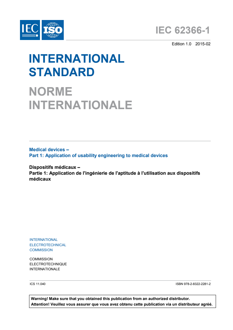 IEC 62366-1:2015 IEC 62366-1:2015 - Medical devices — Part 1: Application of usability engineering to medical devices/25/2015 - Page 3 preview