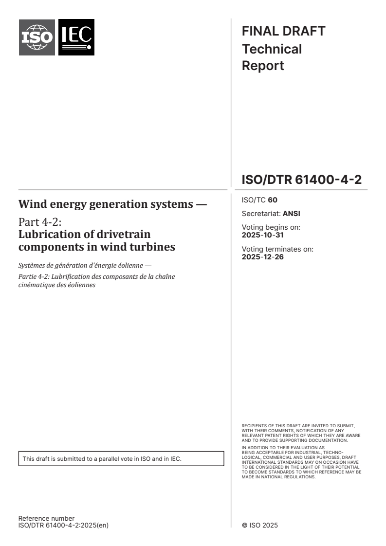 IEC/DTR 61400-4-2 IEC/DTR 61400-4-2 - Wind energy generation systems — Part 4-2: Lubrication of drivetrain components in wind turbines
Released:4. 11. 2025