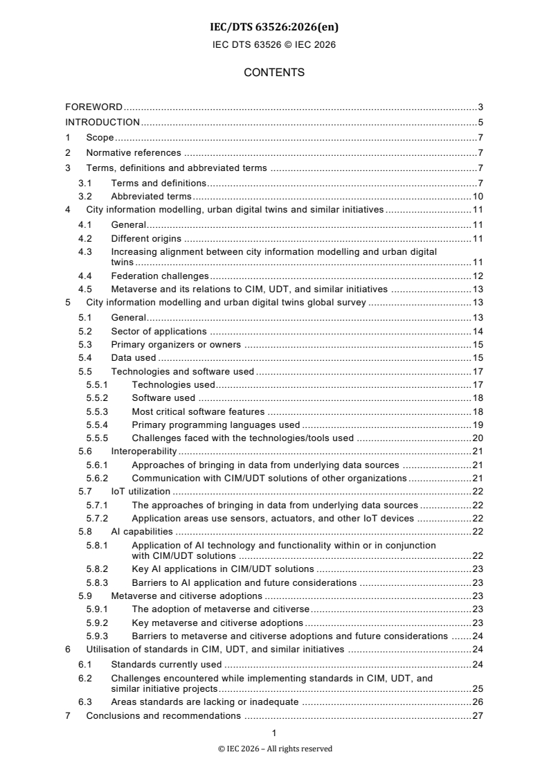 IEC/DTS 63526 IEC/DTS 63526 - Gap Analysis on Standards Related to City Information Modelling and Urban Digital Twins - Page 3 preview