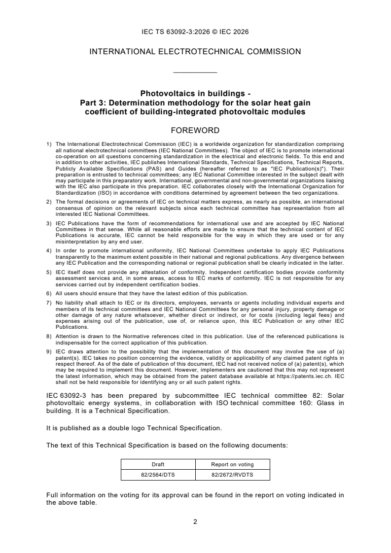 IEC/TS 63092-3:2026 IEC/TS 63092-3:2026 - Photovoltaics in buildings — Part 3: Determination methodology for the solar heat gain coefficient of building-integrated photovoltaic modules - Page 4 preview