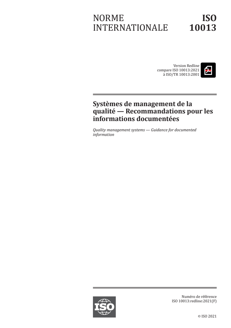 ISO 10013:2021 REDLINE ISO 10013:2021 - Systèmes de management de la qualité — Recommandations pour les informations documentées/18/2021 - Page 1 preview