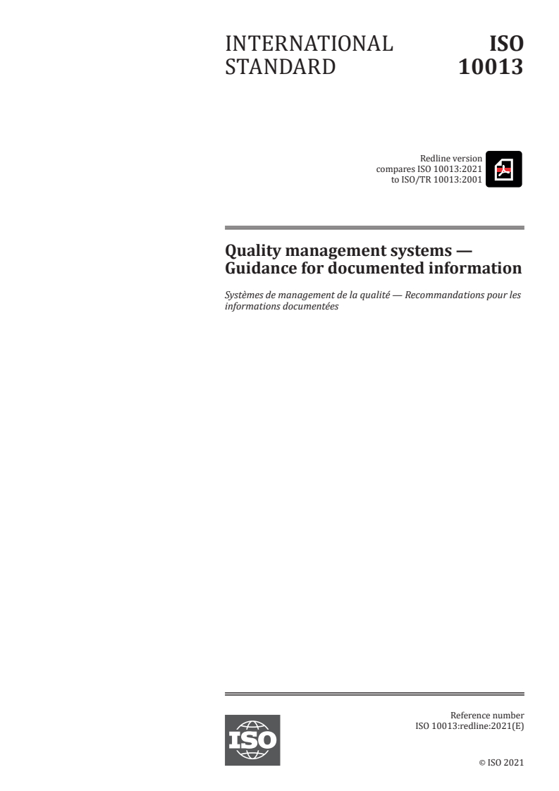 ISO 10013:2021 REDLINE ISO 10013:2021 - Quality management systems — Guidance for documented information/9/2021 - Page 1 preview