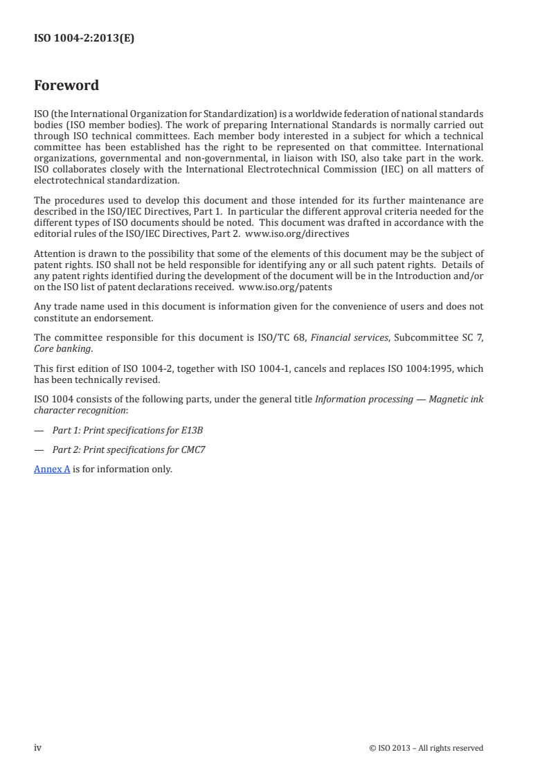 ISO 1004-2:2013 ISO 1004-2:2013 - Information processing — Magnetic ink character recognition — Part 2: Print specifications for CMC7/27/2013 - Page 4 preview