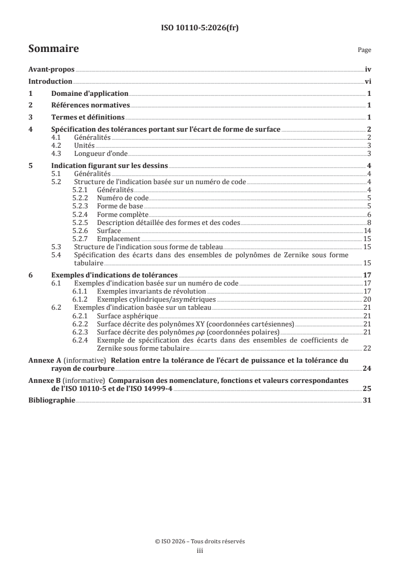 ISO 10110-5:2026 ISO 10110-5:2026 - Optique et photonique — Indications sur les dessins pour éléments et systèmes optiques — Partie 5: Tolérances de forme de surface - Page 3 preview