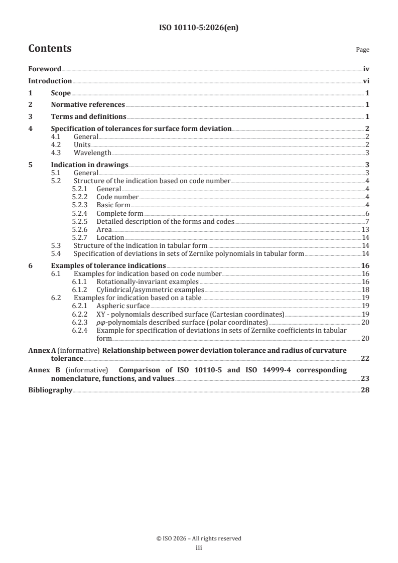 ISO 10110-5:2026 ISO 10110-5:2026 - Optics and photonics — Preparation of drawings for optical elements and systems — Part 5: Surface form tolerances - Page 3 preview