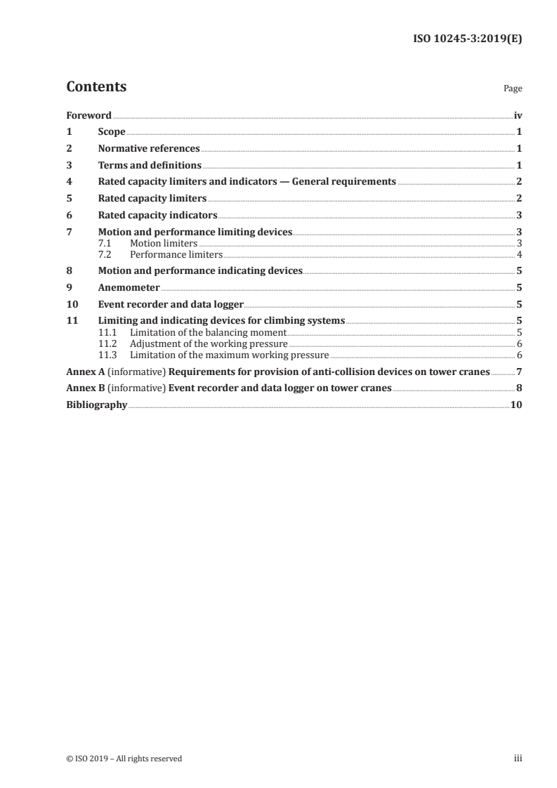 ISO 10245-3:2019 ISO 10245-3:2019 - Cranes — Limiting and indicating devices — Part 3: Tower cranes/1/2019 - Page 3 preview