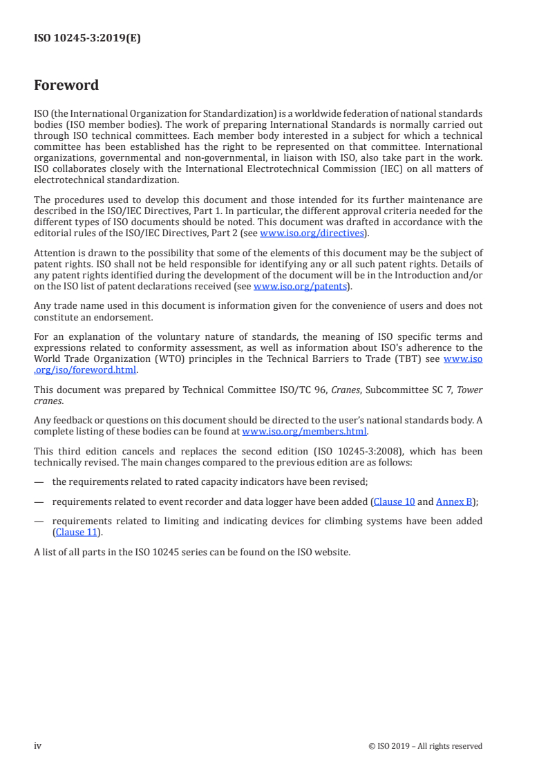 ISO 10245-3:2019 ISO 10245-3:2019 - Cranes — Limiting and indicating devices — Part 3: Tower cranes/1/2019 - Page 4 preview