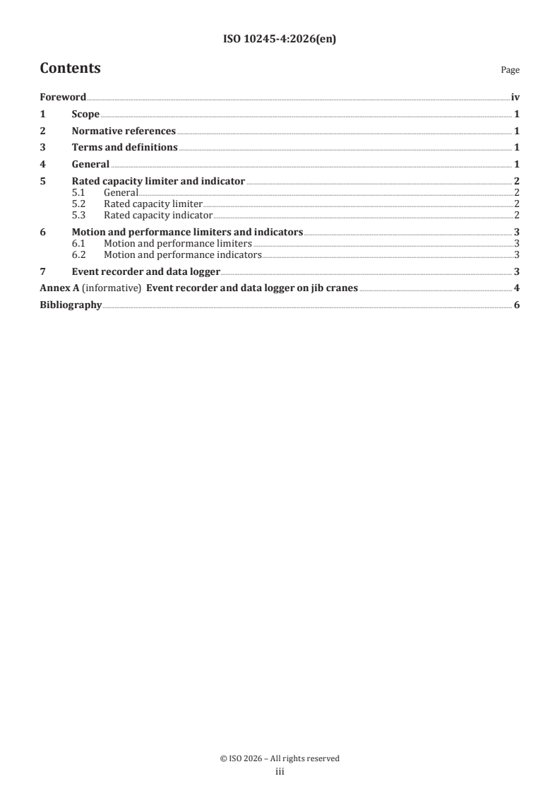 ISO 10245-4:2026 ISO 10245-4:2026 - Cranes — Limiting and indicating devices — Part 4: Jib cranes - Page 3 preview