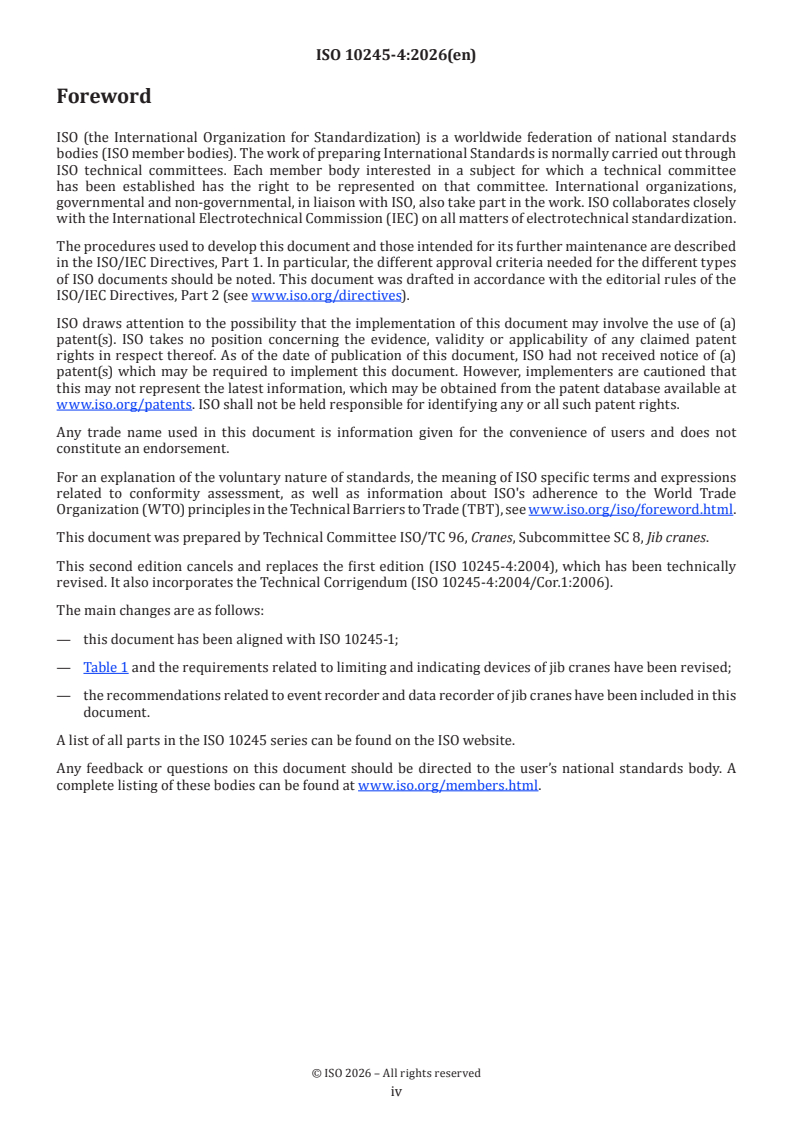 ISO 10245-4:2026 ISO 10245-4:2026 - Cranes — Limiting and indicating devices — Part 4: Jib cranes - Page 4 preview