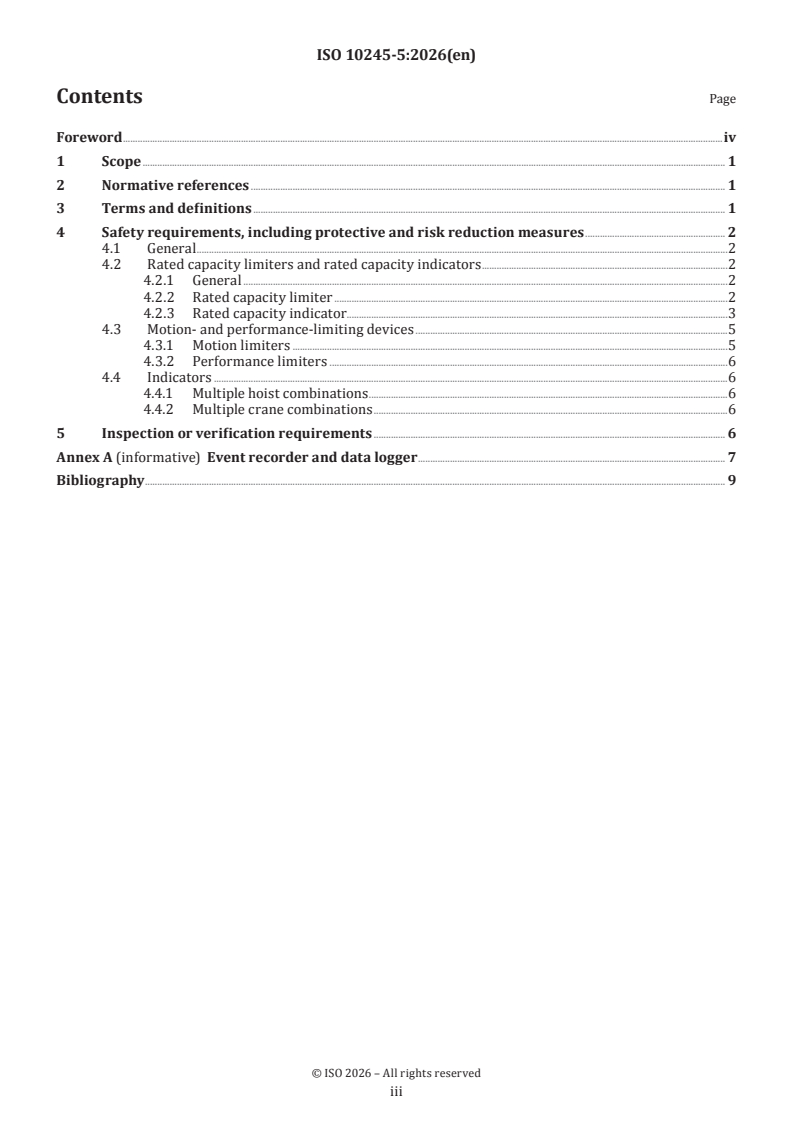 ISO 10245-5:2026 ISO 10245-5:2026 - Cranes — Limiting and indicating devices — Part 5: Bridge and gantry cranes - Page 3 preview