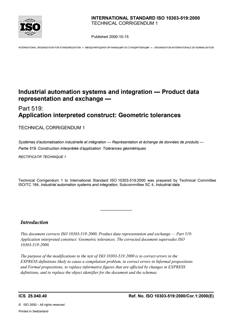 ISO_10303-519_2000_Cor_1_2000(E)-Character_PDF_document - ISO/DIS 10303-239 - Industrial automation systems and integration — Product data representation and exchange — Part 239: Application protocol: Product life cycle support (PLCS)
Released:31. 05. 2023