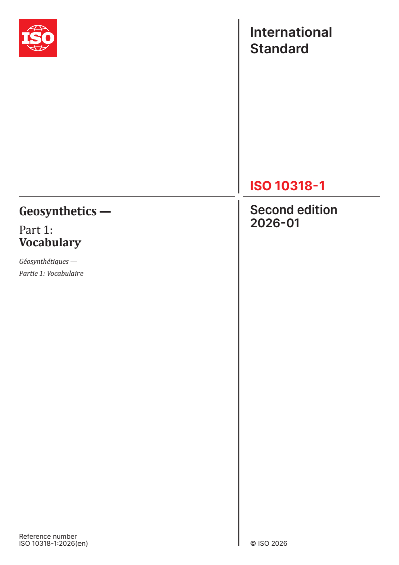 ISO 10318-1:2026 ISO 10318-1:2026 - Geosynthetics — Part 1: Vocabulary
Released:9. 01. 2026 - Page 1 preview