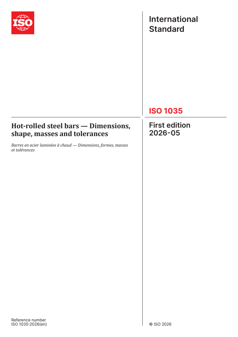 ISO 1035:2026 ISO 1035:2026 - Hot-rolled steel bars — Dimensions, shape, masses and tolerances - Page 1 preview