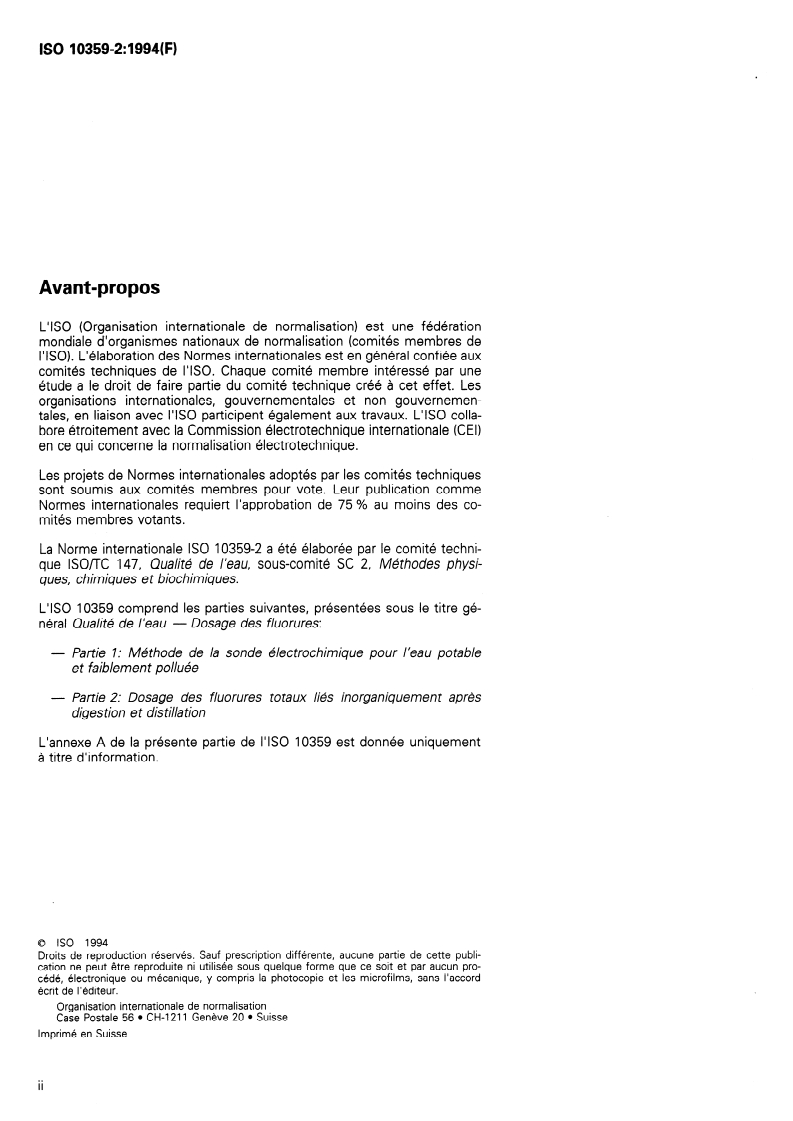 ISO 10359-2:1994 ISO 10359-2:1994 - Qualité de l'eau — Dosage des fluorures — Partie 2: Dosage des fluorures totaux liés inorganiquement après digestion et distillation/20/1994 - Page 2 preview