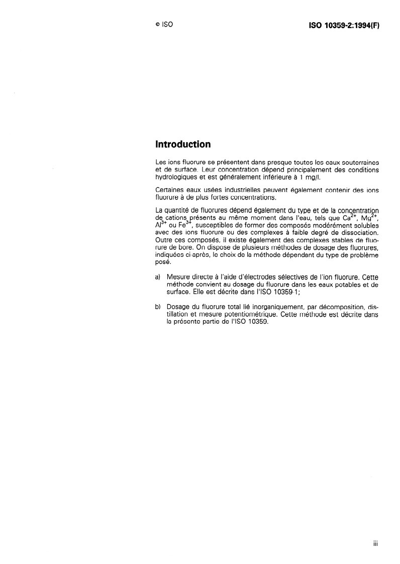 ISO 10359-2:1994 ISO 10359-2:1994 - Qualité de l'eau — Dosage des fluorures — Partie 2: Dosage des fluorures totaux liés inorganiquement après digestion et distillation/20/1994 - Page 3 preview