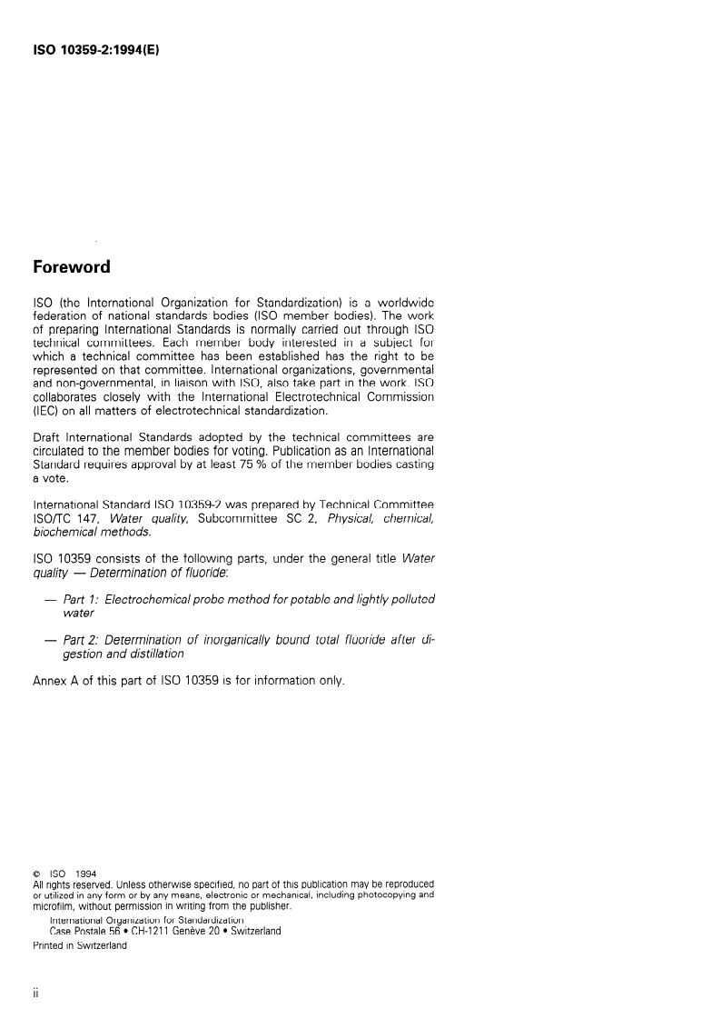 ISO 10359-2:1994 ISO 10359-2:1994 - Water quality — Determination of fluoride — Part 2: Determination of inorganically bound total fluoride after digestion and distillation/20/1994 - Page 2 preview