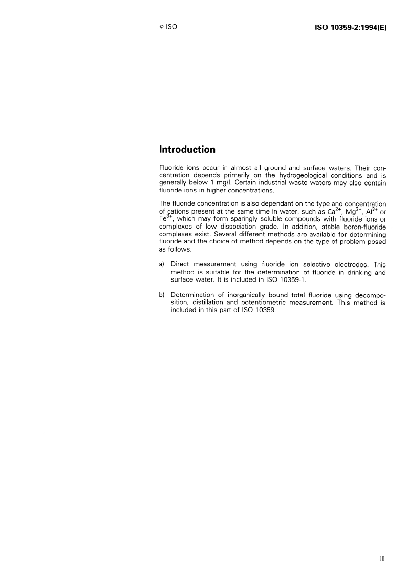 ISO 10359-2:1994 ISO 10359-2:1994 - Water quality — Determination of fluoride — Part 2: Determination of inorganically bound total fluoride after digestion and distillation/20/1994 - Page 3 preview