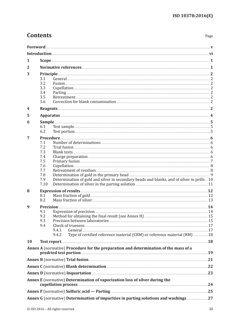 ISO 10378:2016 ISO 10378:2016 - Copper, lead and zinc sulfide concentrates — Determination of gold and silver — Fire assay gravimetric and flame atomic absorption spectrometric method/18/2016 - Page 3 preview