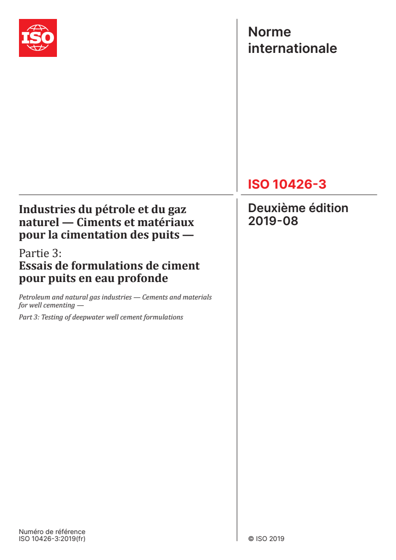 ISO 10426-3:2019 ISO 10426-3:2019 - Industries du pétrole et du gaz naturel — Ciments et matériaux pour la cimentation des puits — Partie 3: Essais de formulations de ciment pour puits en eau profonde
Released:12. 12. 2025