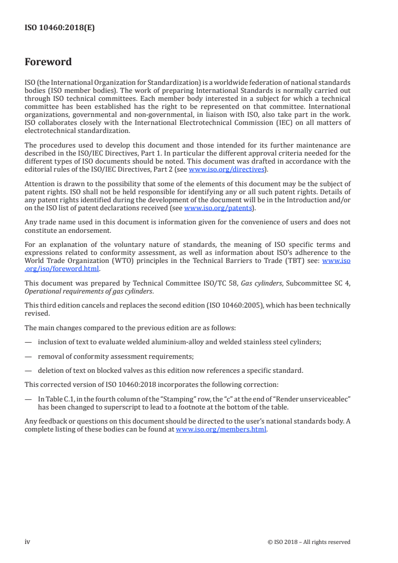 ISO 10460:2018 ISO 10460:2018 - Gas cylinders — Welded aluminium-alloy, carbon and stainless steel gas cylinders — Periodic inspection and testing/10/2019 - Page 4 preview