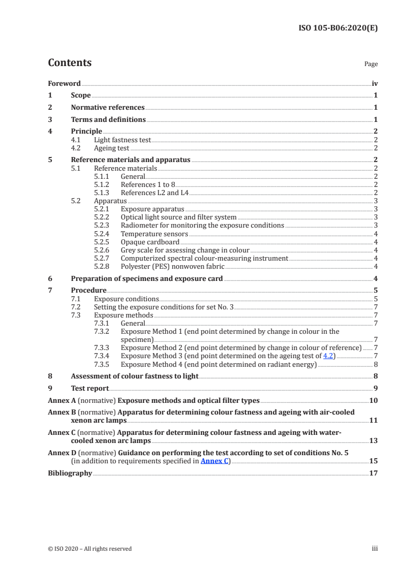 ISO 105-B06:2020 ISO 105-B06:2020 - Textiles — Tests for colour fastness — Part B06: Colour fastness and ageing to artificial light at high temperatures: Xenon arc fading lamp test/5/2020 - Page 3 preview