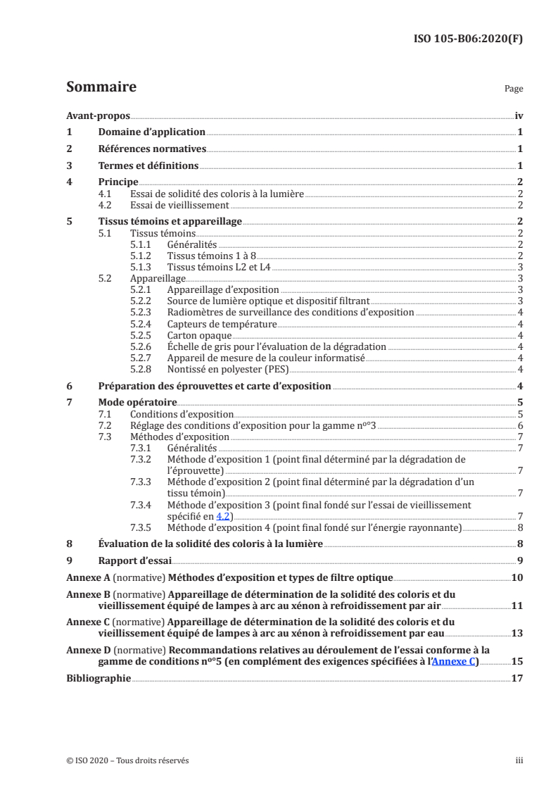 ISO 105-B06:2020 ISO 105-B06:2020 - Textiles — Essais de solidité des coloris — Partie B06: Solidité des coloris et vieillissement à la lumière artificielle à hautes températures: Essai avec lampe à arc au xénon/5/2020 - Page 3 preview