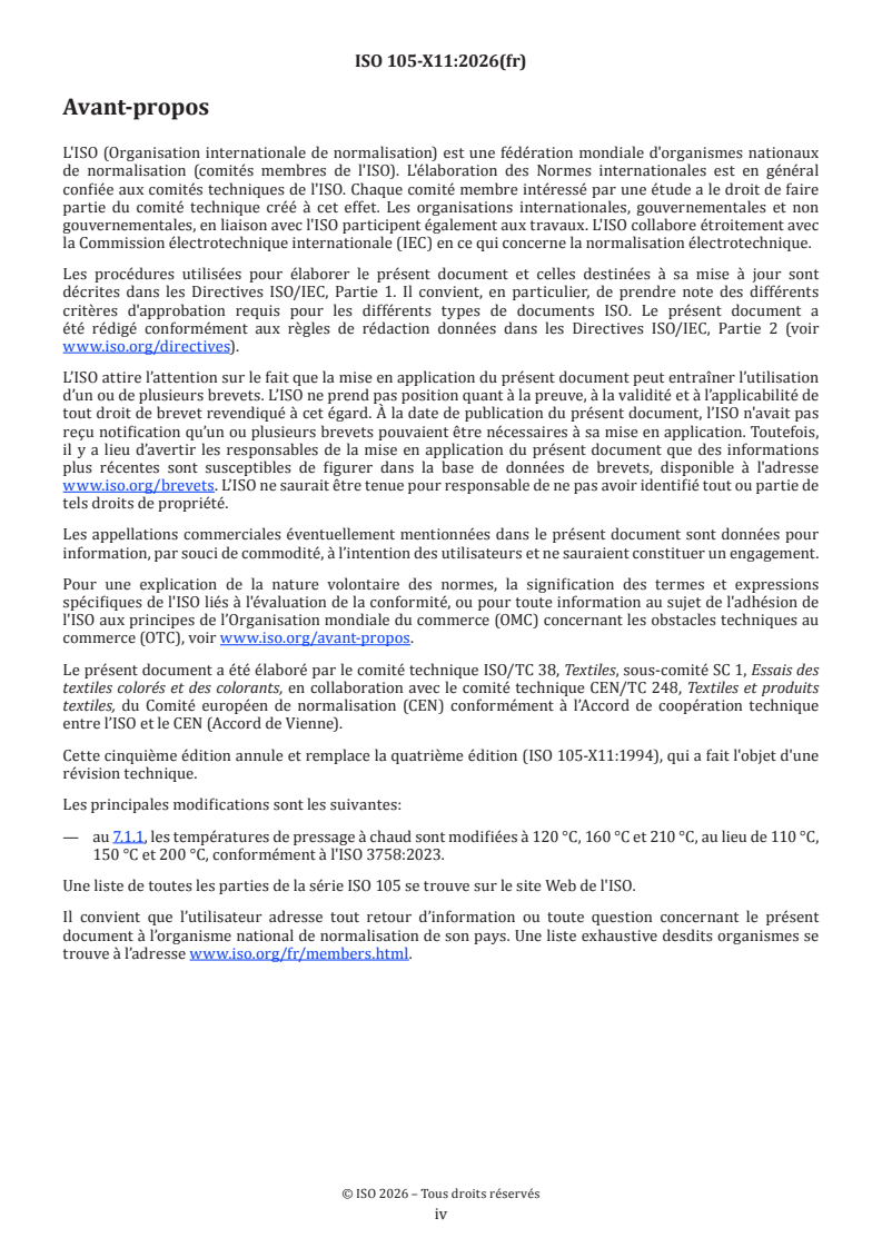 ISO 105-X11:2026 ISO 105-X11:2026 - Textiles — Essais de solidité des coloris — Partie X11: Solidité des coloris au pressage à chaud - Page 4 preview
