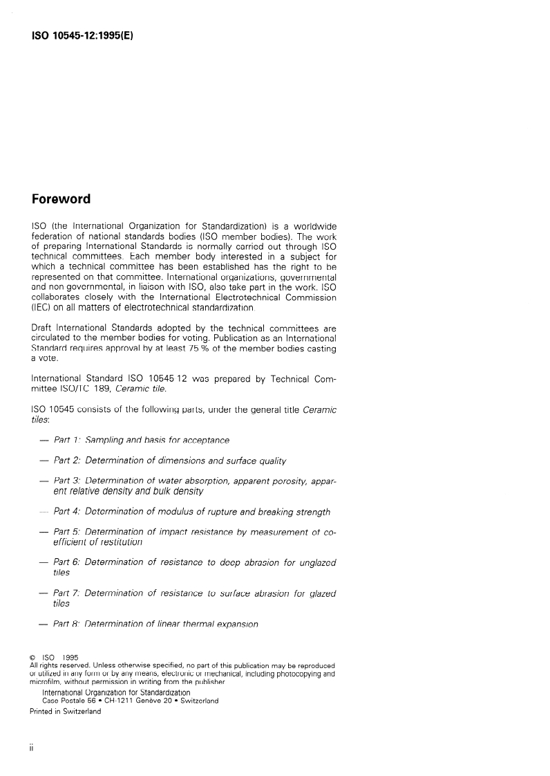 ISO 10545-12:1995 ISO 10545-12:1995 - Ceramic tiles — Part 12: Determination of frost resistance/16/1995 - Page 2 preview