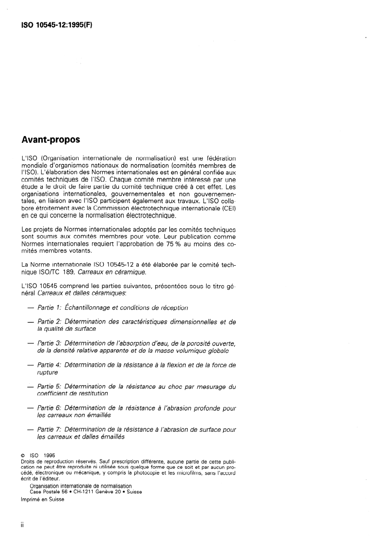 ISO 10545-12:1995 ISO 10545-12:1995 - Carreaux et dalles céramiques — Partie 12: Détermination de la résistance au gel/16/1995 - Page 2 preview