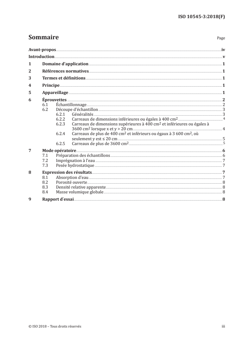 ISO 10545-3:2018 ISO 10545-3:2018 - Carreaux et dalles céramiques — Partie 3: Détermination de l'absorption d'eau, de la porosité ouverte, de la densité relative apparente et de la masse volumique globale/23/2018 - Page 3 preview