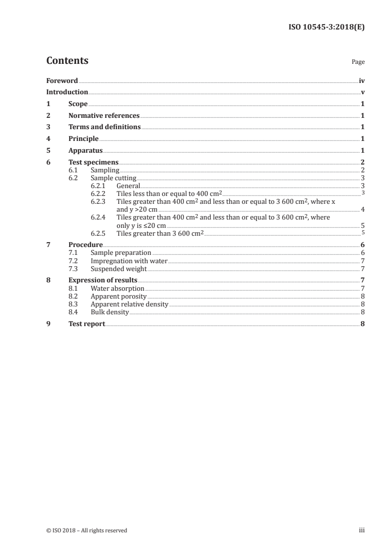 ISO 10545-3:2018 ISO 10545-3:2018 - Ceramic tiles — Part 3: Determination of water absorption, apparent porosity, apparent relative density and bulk density/23/2018 - Page 3 preview