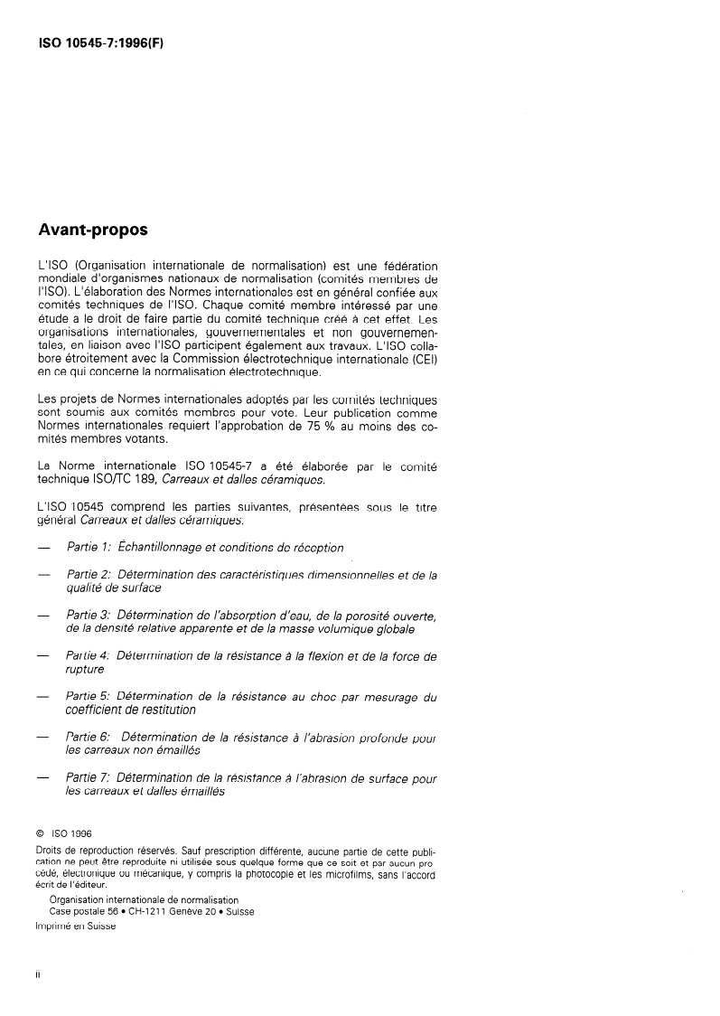 ISO 10545-7:1996 ISO 10545-7:1996 - Carreaux et dalles céramiques — Partie 7: Détermination de la résistance à l'abrasion de surface pour les carreaux et dalles émaillés/19/1996 - Page 2 preview