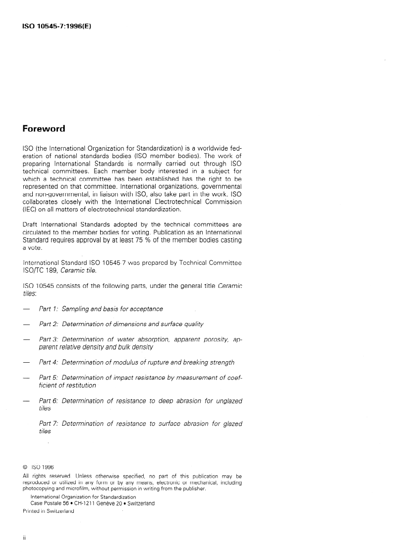 ISO 10545-7:1996 ISO 10545-7:1996 - Ceramic tiles — Part 7: Determination of resistance to surface abrasion for glazed tiles/19/1996 - Page 2 preview