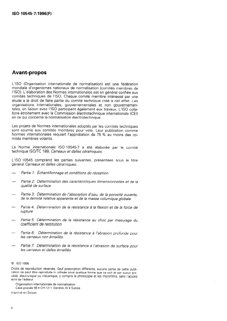 ISO 10545-7:1996 ISO 10545-7:1996 - Carreaux et dalles céramiques — Partie 7: Détermination de la résistance à l'abrasion de surface pour les carreaux et dalles émaillés/19/1996 - Page 2 preview
