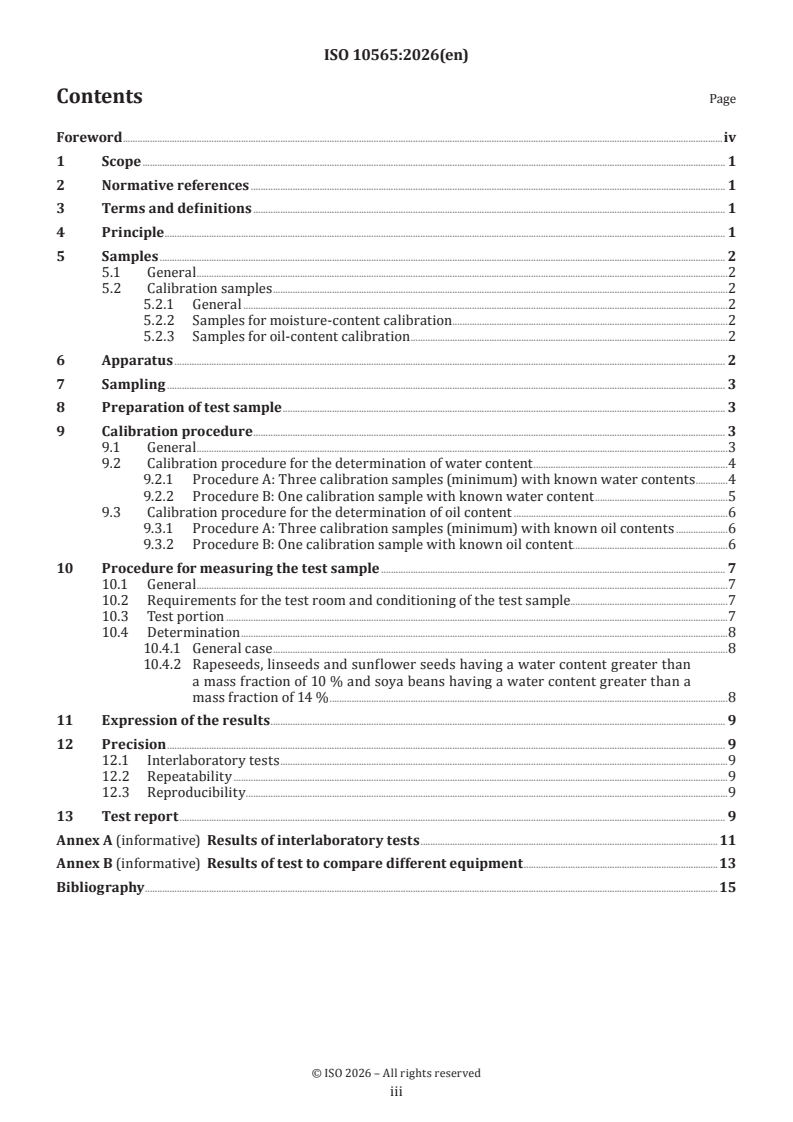 ISO 10565:2026 ISO 10565:2026 - Oilseeds — Simultaneous determination of oil and water contents — Method using pulsed nuclear magnetic resonance spectrometry - Page 3 preview