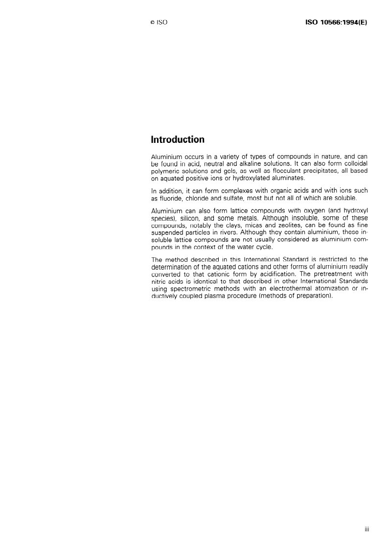 ISO 10566:1994 ISO 10566:1994 - Water quality — Determination of aluminium — Spectrometric method using pyrocatechol violet/15/1994 - Page 3 preview