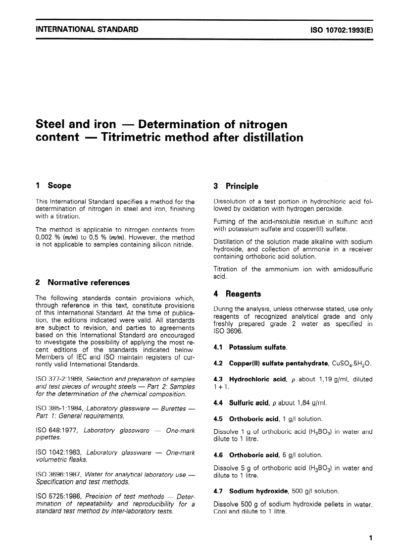 ISO 10702:1993 ISO 10702:1993 - Steel and iron — Determination of nitrogen content — Titrimetric method after distillation/24/1993 - Page 3 preview
