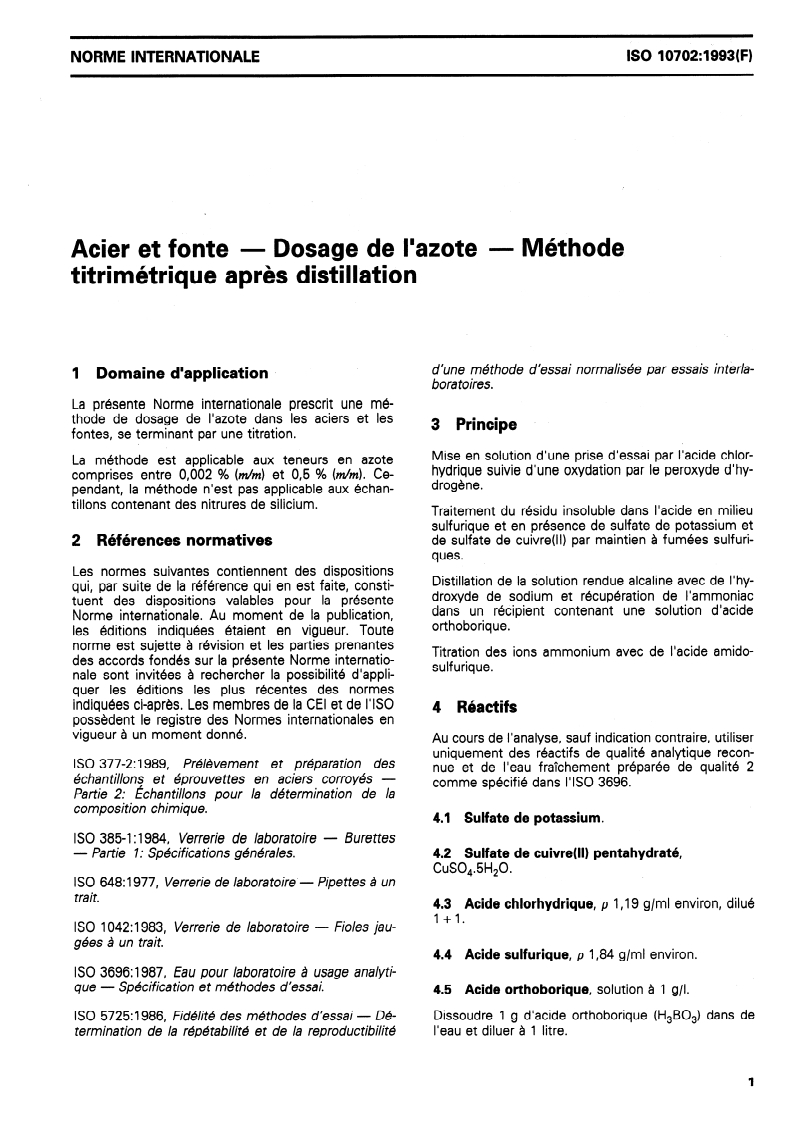 ISO 10702:1993 ISO 10702:1993 - Acier et fonte — Dosage de l'azote — Méthode titrimétrique après distillation/24/1993 - Page 3 preview